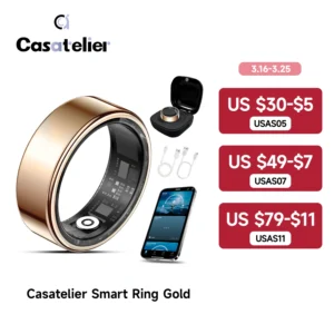 Casatelier Gilded Luxury Smart Ring: Long Battery Life, Swim-Proof Waterproof