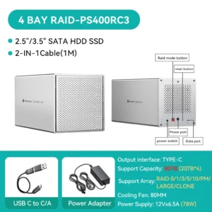 5Bay Aluminum RAID Case 80mm Booster Fan USB Type C External Hard Drive Enclosure for 2.5"3.5"SATA HDD SSD Storage - Thumbnail Image 10