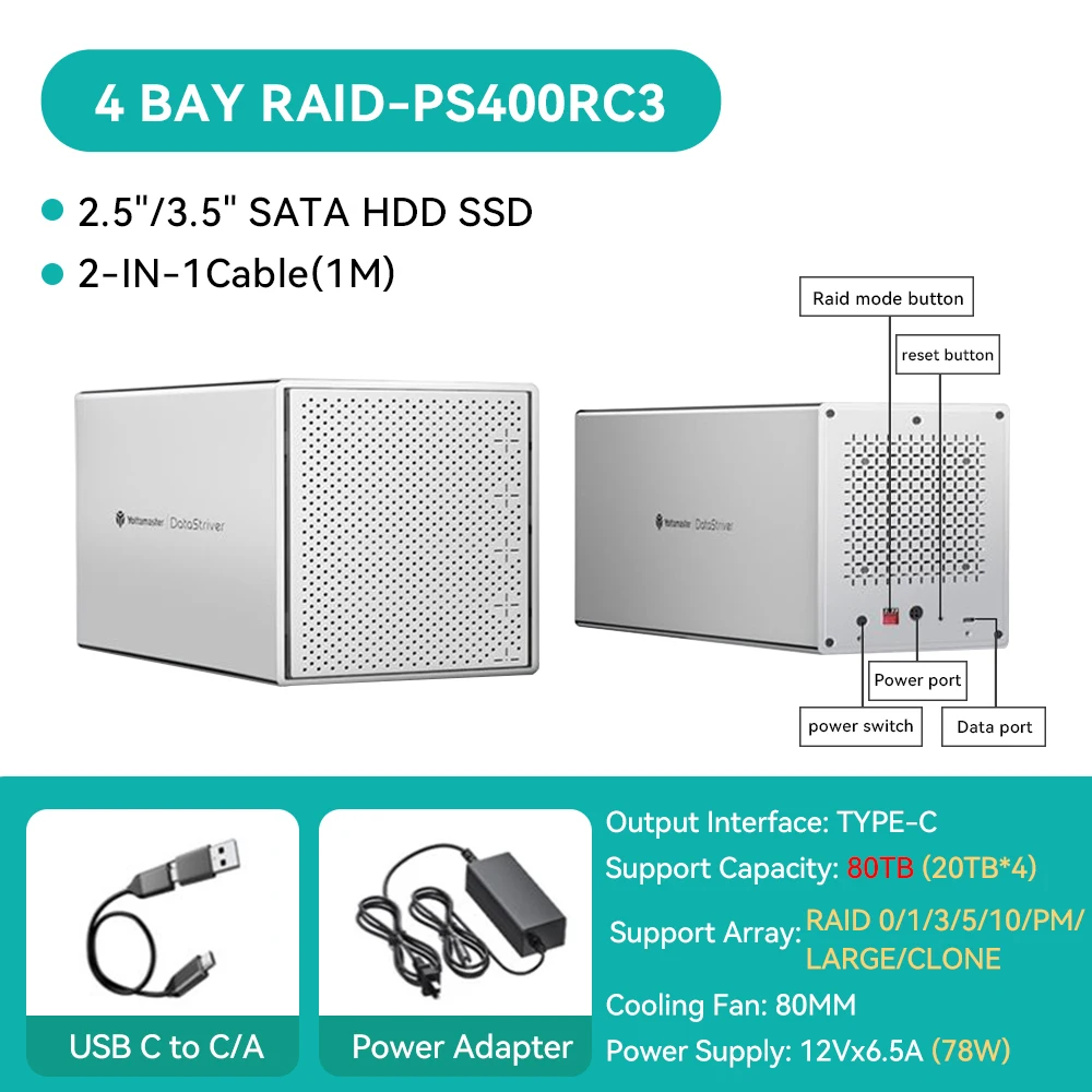 5Bay Aluminum RAID Case 80mm Booster Fan USB Type C External Hard Drive Enclosure for 2.5"3.5"SATA HDD SSD Storage - Image 10