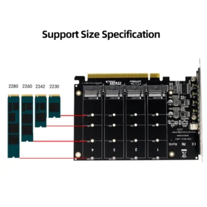 Okvyuan 4 Port M.2 NVME SSD To PCIE X16 Reader Expansion Card 4X32Gbps Host Controller Expansion Card PCIE Split/PCIE RAID LED - Thumbnail Image 3