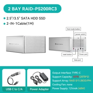 5Bay Aluminum RAID Case 80mm Booster Fan USB Type C External Hard Drive Enclosure for 2.5"3.5"SATA HDD SSD Storage - Thumbnail Image 13