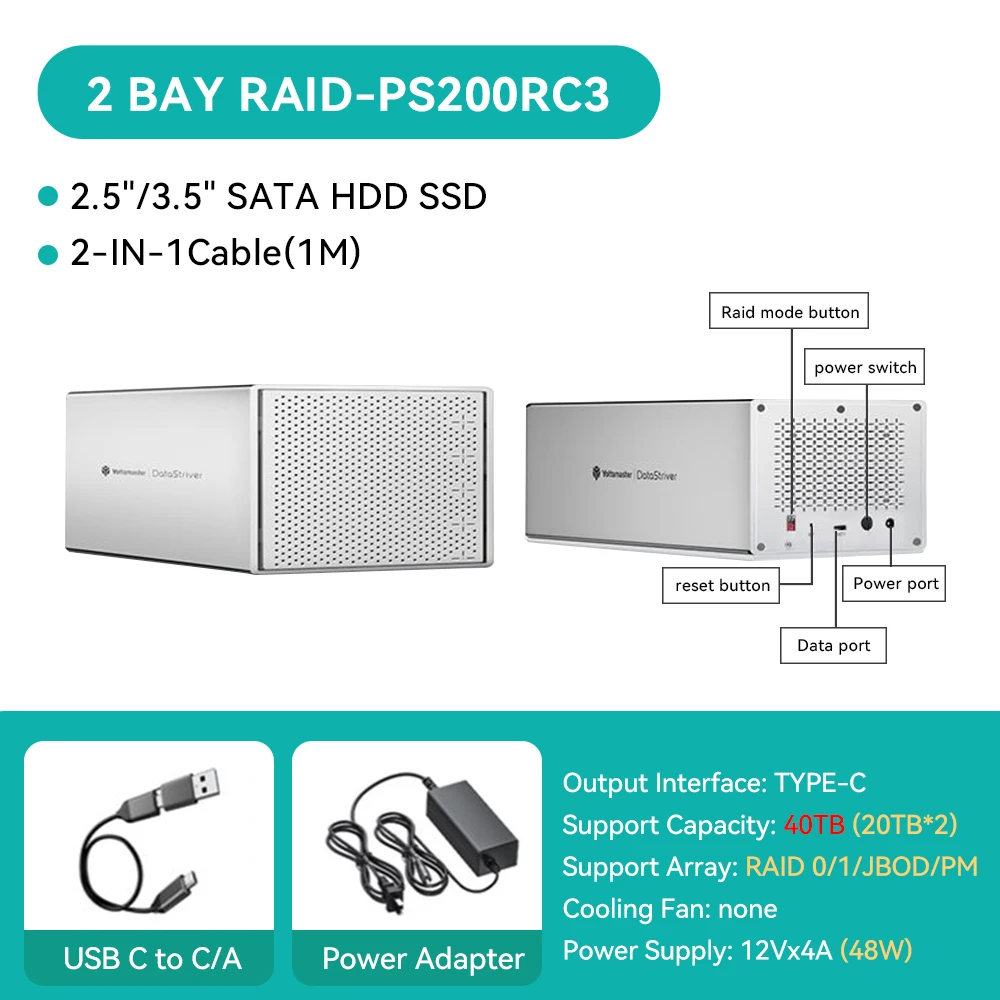 5Bay Aluminum RAID Case 80mm Booster Fan USB Type C External Hard Drive Enclosure for 2.5"3.5"SATA HDD SSD Storage - Image 13