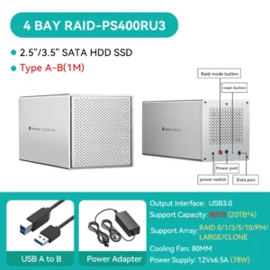 5Bay Aluminum RAID Case 80mm Booster Fan USB Type C External Hard Drive Enclosure for 2.5"3.5"SATA HDD SSD Storage - Thumbnail Image 9