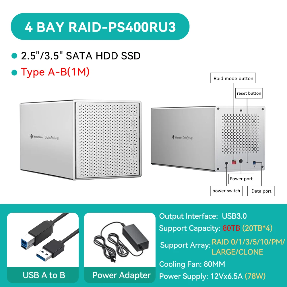 5Bay Aluminum RAID Case 80mm Booster Fan USB Type C External Hard Drive Enclosure for 2.5"3.5"SATA HDD SSD Storage - Image 9