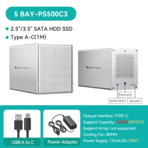 5Bay Aluminum RAID Case 80mm Booster Fan USB Type C External Hard Drive Enclosure for 2.5"3.5"SATA HDD SSD Storage - Thumbnail Image 7