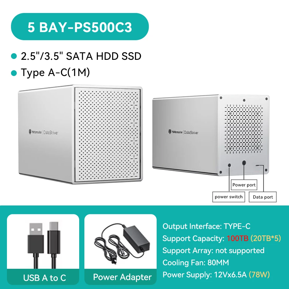 5Bay Aluminum RAID Case 80mm Booster Fan USB Type C External Hard Drive Enclosure for 2.5"3.5"SATA HDD SSD Storage - Image 7