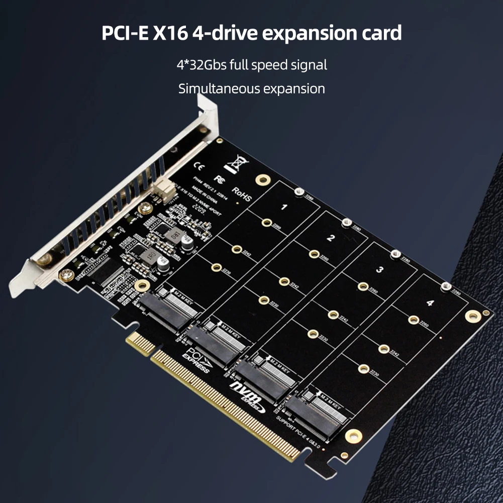 Okvyuan 4 Port M.2 NVME SSD To PCIE X16 Reader Expansion Card 4X32Gbps Host Controller Expansion Card PCIE Split/PCIE RAID LED - Image 1