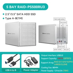 5Bay Aluminum RAID Case 80mm Booster Fan USB Type C External Hard Drive Enclosure for 2.5"3.5"SATA HDD SSD Storage - Thumbnail Image 11
