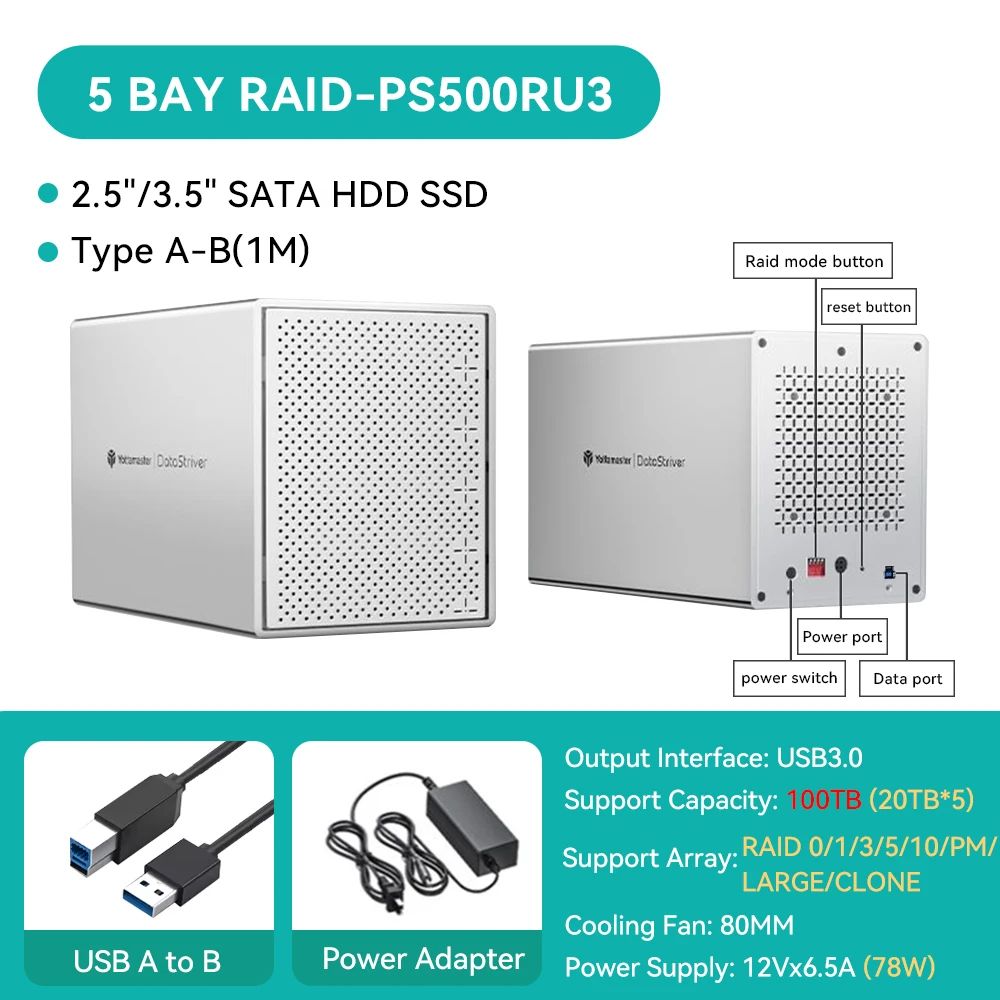 5Bay Aluminum RAID Case 80mm Booster Fan USB Type C External Hard Drive Enclosure for 2.5"3.5"SATA HDD SSD Storage - Image 11