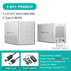 5Bay Aluminum RAID Case 80mm Booster Fan USB Type C External Hard Drive Enclosure for 2.5"3.5"SATA HDD SSD Storage - Thumbnail Image 8