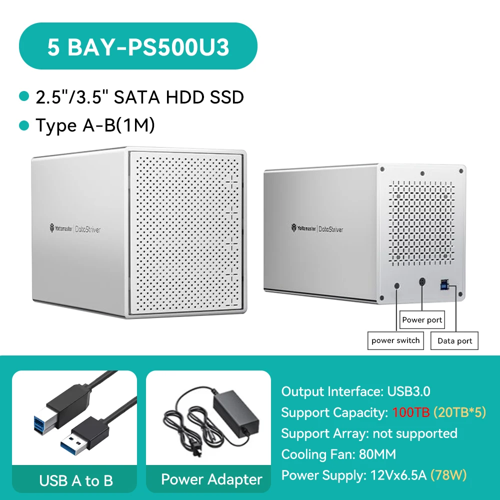 5Bay Aluminum RAID Case 80mm Booster Fan USB Type C External Hard Drive Enclosure for 2.5"3.5"SATA HDD SSD Storage - Image 8