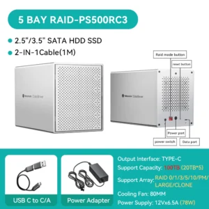 5Bay Aluminum RAID Case 80mm Booster Fan USB Type C External Hard Drive Enclosure for 2.5"3.5"SATA HDD SSD Storage - Thumbnail Image 12